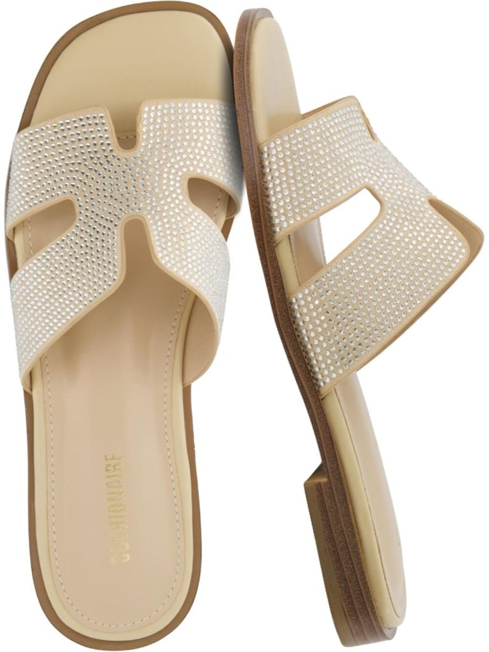 Women's Embellish Tan Memory Foam Vegan Leather Cutout Strap Slip On Flat Shoes